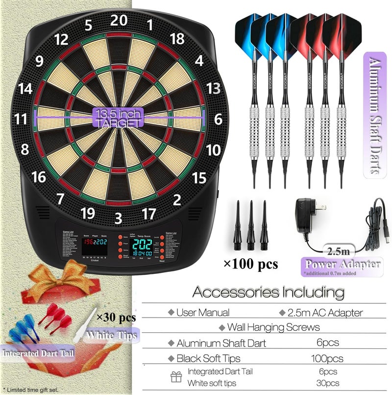 Sydora Electronic Dartboard Set with Colorful LED Displays, Soft Tip Cricket Dart Board AC & Batteries - Including 6 Darts, 130 Tips,6 Integrated Dart Tail, 2.5m Extended Power Adapter - Image 2